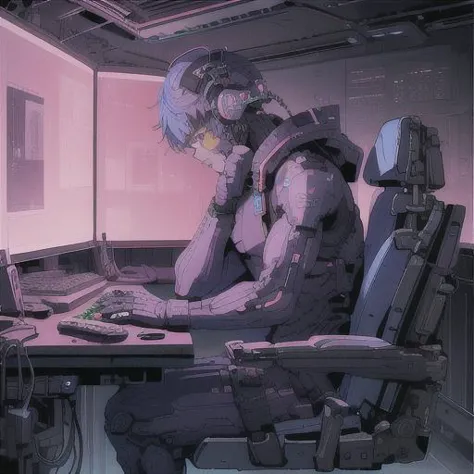 anime character sitting at a desk with a computer and a keyboard