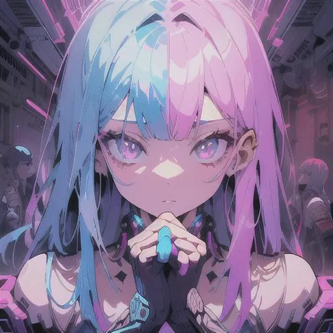 anime girl with blue hair and pink eyes in a dark room