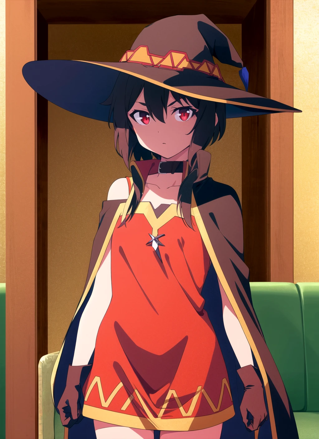 BNA masterpiece, best quality, megumin, 1girl, bare shoulders, black cape, black gloves, black hair, cape, choker, collarbone, dress, hair between eyes, hat, long sleeves, looking at viewer, medium hair, off-shoulder dress, off shoulder, red dress, red eyes, sidelocks, solo, witch hat, indoors