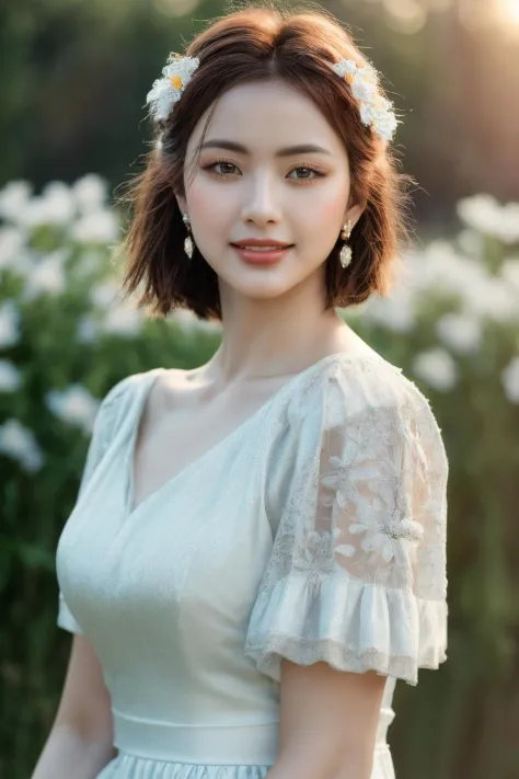 girlcuchoami, 1girl, smile, blurry background, brown eyes, brown hair, earrings, flower, hair flower, hair ornament, jewelry, lips, makeup, skirt, solo, a stunning photo with beautiful saturation, ultra high res,(realistic:1.4)),deep shadow,(best quality, masterpiece), pale skin, dimly lit, shade, flustered, blush, highly detailed, ((upper body:0.8)), skinny, BREAK depth of field, film grain, wrinkled skin, looking at viewer, knee, warm smile, (masterpiece,best quality:1.5) masterpiece,ultra realistic,32k,extremely detailed CG unity 8k wallpaper, best quality, 
 <lora:girlcuchoami_SDLife_Chiasedamme_v1.0:0.68> <lora:more_details:0.25> <lora:add_detail:0.25>  <lora:girl_SDLife_Chiasedamme_v1.6:0.25>