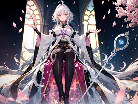 (extremely detailed CG:1.4), (best quality:1.5), 1girl, def1, white hair, light smile, holding staff, long eyelashes, wide hips, field covered with flowers, twilight, sitting, from below, (falling pink petals:1.4), panoramic, white tower, <lora:merlinFatePrototype_v10:0.75>