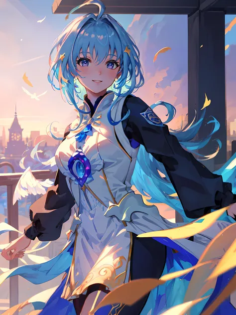 (masterpiece, best quality, ultra-detailed, highres), perfect face, sidelighting, lustrous skin,(bloom), (shine), lighting, ray tracing, sci-fi, city, outdoor, 1girl, solo, head wings, brooch, blue hair, blue eyes, jewelry, wings, feathered wings, short hair, blue capelet, blurry, capelet, blurry background, outdoors, portrait, realistic, bird wings, looking afar, blue theme, bangs, blue gemstone, day, gem, sky, depth_of_field,very detailed background, highly detailed background, Masterpiece, Ultra detailed, great composition,Dynamic angle,[Bottle bottom],(wide shot), extremely delicate and beautiful,(Highest picture quality), (Master's work), (Detailed eyes description),(Detailed face description), (fantasy), depth of field, solo,Beautiful girl,extreme light and shadow, masterpiece, rich in detail, (fine features), (highest quality), (masterpiece), (detailed eyes), (beautiful) detailed girl,beautiful detailed eyes,(straight-on), full body, flower field:1, flower petals falling, summer:1.2, happy, smile,(extremely detailed CG unity 8k wallpaper),(masterpiece), (best quality), (ultra-detailed), (best illustration),(best shadow), seductive , sunset , sunshine , sun , perfect lighting , perfect anatomy , <lora:merlinFatePrototype_v10:1>