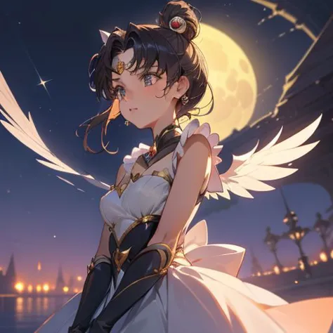 a woman in a white dress with wings standing in front of a full moon