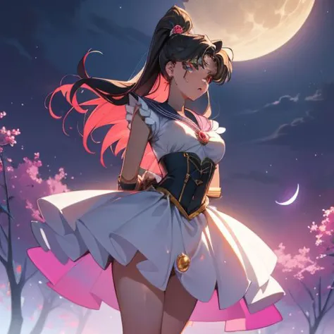 A breathtaking masterpiece depicting a stunning 1girl, the eternal Sailor Moon, as she stands under the enchanting night sky. Th...