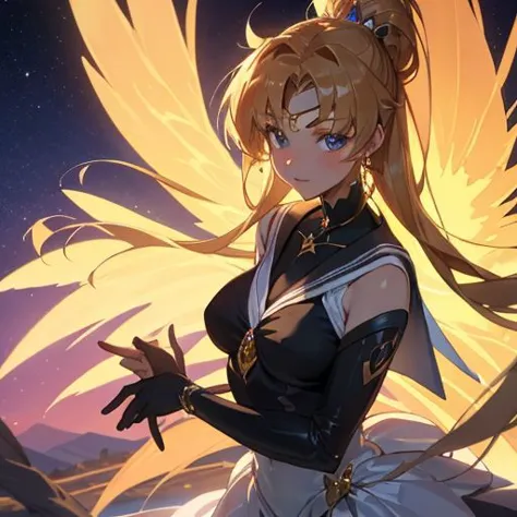 A breathtaking masterpiece depicting a stunning 1girl, the eternal Sailor Moon, as she stands under the enchanting night sky. Th...