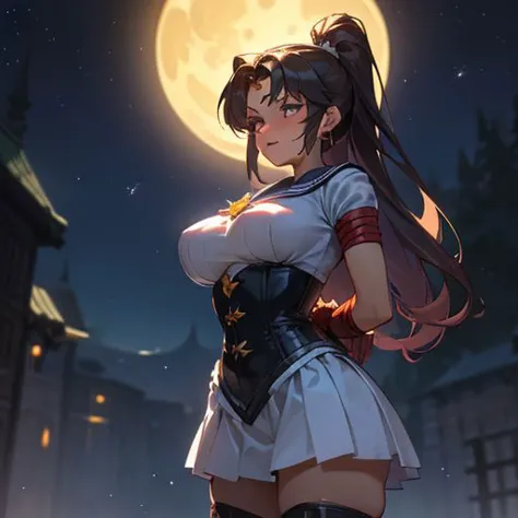 A breathtaking masterpiece depicting a stunning 1girl, the eternal Sailor Moon, as she stands under the enchanting night sky. The artist has paid meticulous attention to detail, focusing especially on the girl's face, which is intricately rendered with exquisite precision. Her skin glistens with a radiant glow, enhanced by the ethereal moonlight that bathes her in a celestial aura. Adorned in black gloves and a leather laced corset, she embodies the essence of a powerful magical girl. With her hair elegantly tied up and a touch of witch-like allure, she captivates viewers with an undeniable enchantment. Her hands are bound behind her back and she looks like she's in trouble. This scene is reminiscent of a captivating game CG, immersing the audience in a world where dreams and fantasies intertwine under the enigmatic night sky.