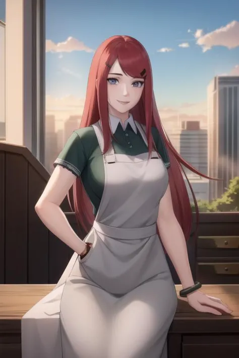 masterpiece, best quality,  sky, clouds, cityscape, smile, looking at viewer, 
,, <lora:kushina uzumaki v2-lora-nochekaiser:1> kushina, long hair, hair ornament, red hair, hairclip, (grey eyes:1.5), (swept bangs:1.5),    shirt, dress, jewelry, white shirt, short sleeves, apron, bracelet, green apron, collar,, (masterpiece:1.2), best quality, high resolution, unity 8k wallpaper, (illustration:0.8), (beautiful detailed eyes:1.6), extremely detailed face, perfect lighting, extremely detailed CG, (perfect hands, perfect anatomy),