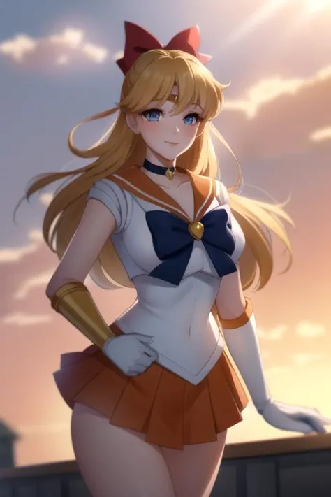 masterpiece, best quality,  sky, clouds, cityscape, smile, looking at viewer, 
,, <lora:sailorvenus-lora-nochekaiser:1> sailor venus, blonde hair, blue eyes, bow, hair bow, half updo, long hair, red bow, tiara,  back bow, choker, elbow gloves, gloves, jewelry, magical girl, orange choker, orange sailor collar, orange skirt, sailor collar, sailor senshi uniform, school uniform, serafuku, skirt, white gloves,, (masterpiece:1.2), best quality, high resolution, unity 8k wallpaper, (illustration:0.8), (beautiful detailed eyes:1.6), extremely detailed face, perfect lighting, extremely detailed CG, (perfect hands, perfect anatomy),