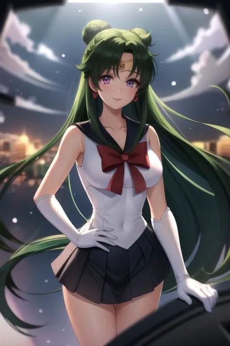 a woman with long green hair and a bow tie standing in front of a city