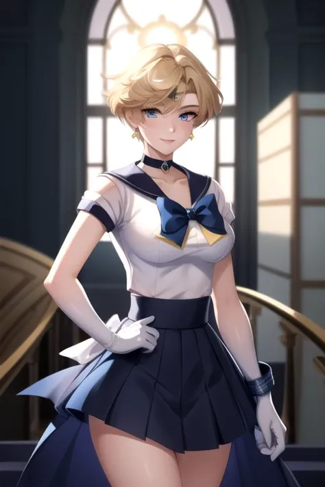 masterpiece, best quality,  sky, clouds, cityscape, smile, looking at viewer, 
,, <lora:sailoruranus-lora-nochekaiser:1> sailor uranus, blonde hair, blue eyes, (parted bangs:1.5), short hair, very short hair,  back bow, blue bow, blue choker, blue gemstone, blue sailor collar, blue skirt, bow, bowtie, choker, circlet, earrings, elbow gloves, gem, gloves, jewelry, miniskirt, pleated skirt, sailor collar, shirt, short sleeves, skirt, white gloves, white shirt, yellow bow, yellow bowtie,, (masterpiece:1.2), best quality, high resolution, unity 8k wallpaper, (illustration:0.8), (beautiful detailed eyes:1.6), extremely detailed face, perfect lighting, extremely detailed CG, (perfect hands, perfect anatomy),