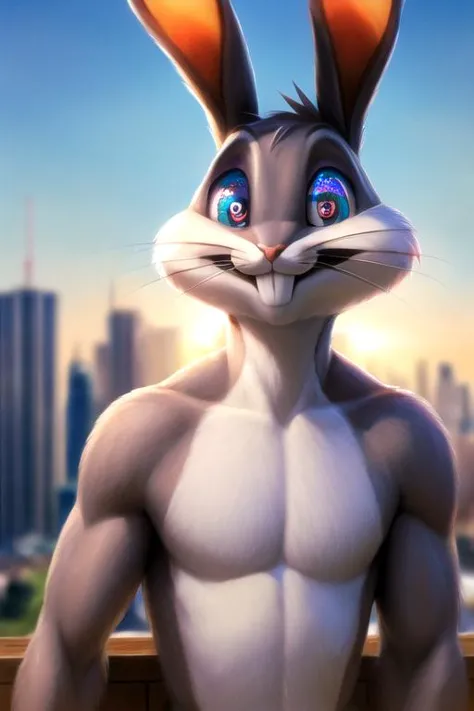 a close up of a cartoon rabbit with a city in the background