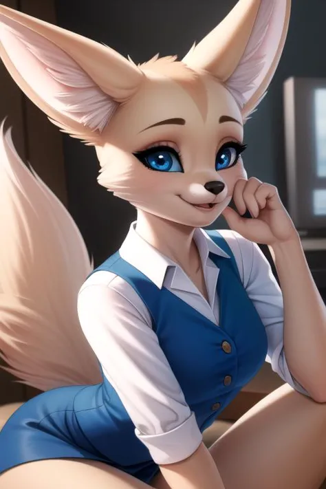 <lora:fenneko-v1-novelai:1> fenneko, 1girl, animal ears, black eyes, body fur, fox ears, fox girl, furry, furry female, fox, anthro, female, fur, fennec, animal nose, black nose, solo, fox tail, tail, smile, clothing, clothed , blue vest, white shirt, blue skirt,, (masterpiece:1.2), best quality, high resolution, unity 8k wallpaper, (illustration:0.8), (beautiful detailed eyes:1.6), extremely detailed face, perfect lighting, extremely detailed CG, (perfect hands, perfect anatomy),