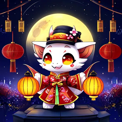 a close up of a cat wearing a hat and holding lanterns