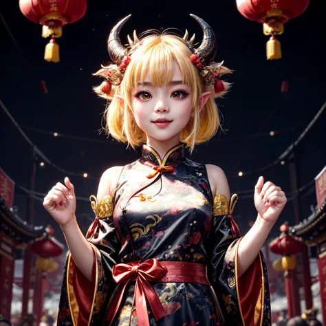 LunarChibiDragon,masterpiece, (Best quality:1.2), highres, (scenary:1.2), Dynamic light,  1 cute girl,glowing lanterns,yellow hair,night, wearing cute traditional chinese gloves,cute, looking at viewer, cinematic lighting, dramatic angle, glowin yellow eyes, pointy ears, hair ornament, traditional red chinese long sleeved dress, bare shoulders, laces, AGGA_ST004, cute adorable face, ribbon,nice hands,detailed cute hands,lunar new year,happy facial emotion,open mouth,horns,dragon girl,backround  fireworks scenery, 