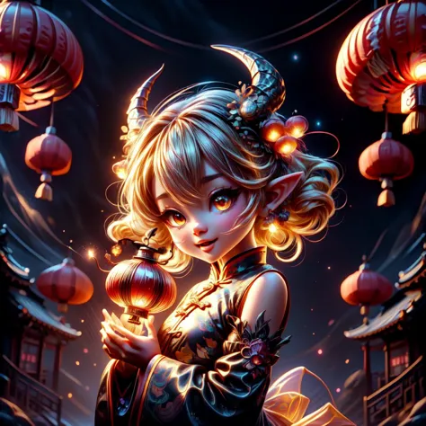 LunarChibiDragon,masterpiece, (Best quality:1.2), highres, (scenary:1.2), Dynamic light,  1 cute girl,glowing lanterns,yellow hair,night, wearing cute traditional chinese gloves,cute, looking at viewer, cinematic lighting, dramatic angle, glowin yellow eyes, pointy ears, hair ornament, traditional red chinese long sleeved dress, bare shoulders, laces, AGGA_ST004, cute adorable face, ribbon,nice hands,detailed cute hands,lunar new year,happy facial emotion,open mouth,horns,dragon girl,backround  fireworks scenery, 