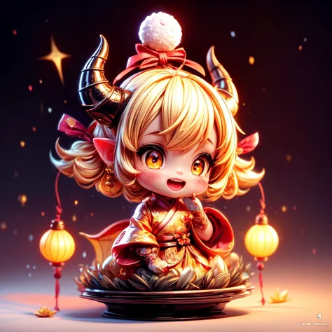 LunarChibiDragon,masterpiece, (Best quality:1.2), highres, (scenary:1.2), Dynamic light,  1 cute girl,glowing lanterns,yellow hair,night, wearing cute traditional chinese gloves,cute, looking at viewer, cinematic lighting, dramatic angle, glowin yellow eyes, pointy ears, hair ornament, traditional red chinese long sleeved dress, bare shoulders, laces, AGGA_ST004, cute adorable face, ribbon,nice hands,detailed cute hands,lunar new year,happy facial emotion,open mouth,horns,dragon girl,backround  fireworks scenery, 