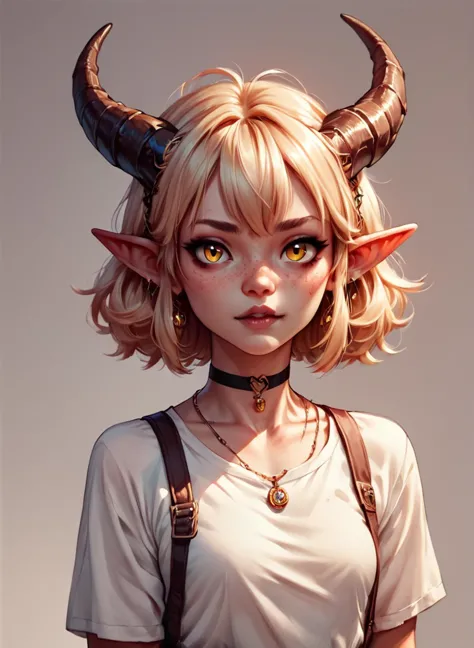 a woman with horns and a white shirt is posing for a picture