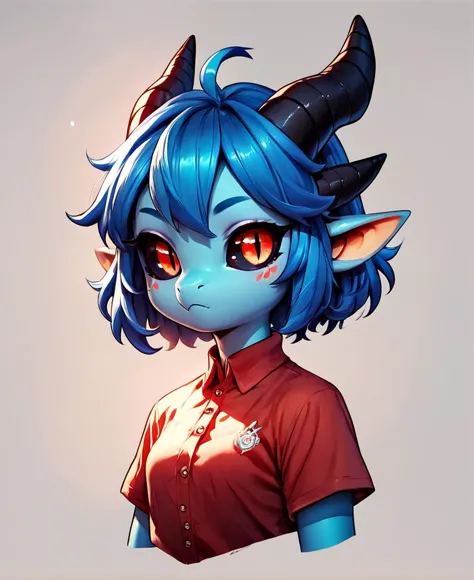 a close up of a person with blue hair and horns