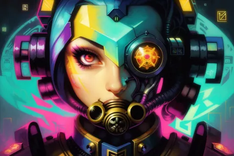 Warhammer, a (stylized) closeup portrait of a ([Cyborg|Female] Tech Priest with Optical Mechandendrite), cyber optic eyes, perfe...