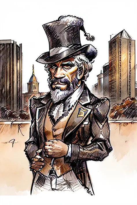 RAW, photo, cityscape, top hat, cowboy shot <lora:Caricatrix:1>,  caricatrix, (FrederickDouglass:1.1), scistyle