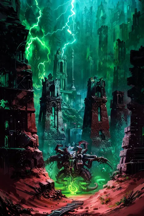 a painting of a man riding a motorcycle through a green city