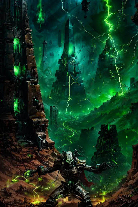 [1man, male_focus, glowing, armor, robot, green eyes, glowing eyes, skull, cape, looking at viewer, orb, electricity, outstretched arms], desert, ruins, towering_city, ruined_city, lost_technology, Necron_Architecture, electricity, green_glow, green_theme, comic_style, by Garth Ennis, thick_lines, hand_colored, dynamic_pose, ultra-detailed), (masterpiece), (best_quality), (cinematic_lighting), (vibrant_colors)