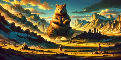 Criaturas antiguas de proporciones monumentales, adorable quokka, Campos frondosos, Grandes montañas al fondo, iluminación natural, mejor sombra, mujer parada ante ellos con asombro, imaginativo, 