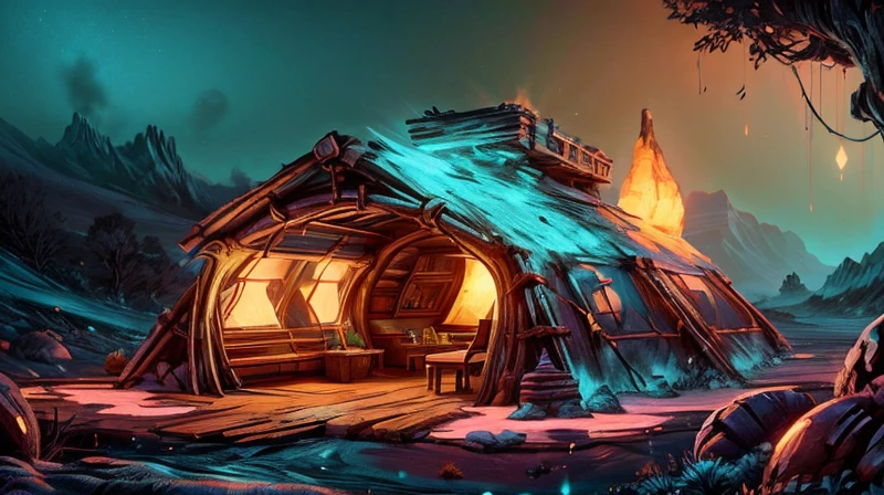 (bioluminescent, BiophyllTech) nomad camp  ,Balance composition [[[scifi, lava made, exomagmatech]]]  (masterpiece, best quality), aesthetic illustration, game cg cinematic, abstract and colorful paint style, 3DMM,