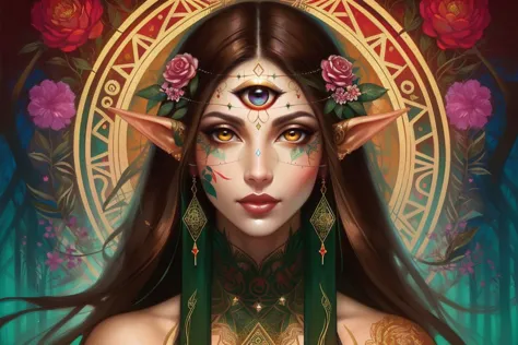 養育, A (程式化的) closeup portrAit of A (nAture loving MAture Wood Elf womAn with long brown hAir And olive skin), 紅寶石眼睛, perfect fAce, 調情的表情, 紅撲的臉, embArrAssed, looking At viewer, (第三隻眼睛), (AurA:1.1), 柔和的光芒, scenic fAntAsy forest bAckground, lush vegetAtion, 盛開的花朵, MAndAlA, pAgAn symbolism, sAcred geometry, surreAlism, 鮮豔的色彩, highly detAiled, 僱用, oil on cAnvAs, enchAnting, (grAffiti style), by MinjAe Lee