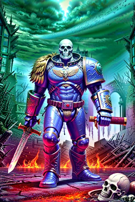 guilliman, full armor, blue eyes, blonde hair, headwear removed, male focus, holding sword, flaming sword, full body, gauntlets, horror_(theme), skulls, ruins, bones, rib_cages, looking_at_viewer,