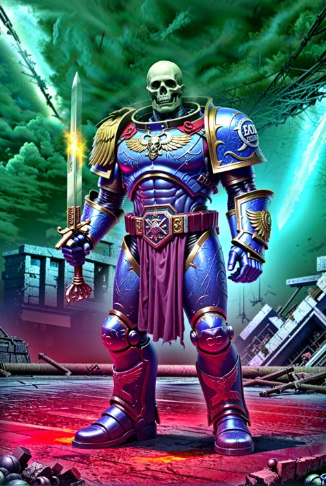 guilliman, full armor, blue eyes, blonde hair, headwear removed, male focus, holding sword, flaming sword, full body, gauntlets, horror_(theme), skulls, ruins, bones, rib_cages, looking_at_viewer,