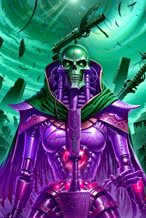 necrons, glowing, armor, weapon, robot, mecha, green eyes, glowing eyes, science fiction, skull, staff, cape, horror_(theme), sk...