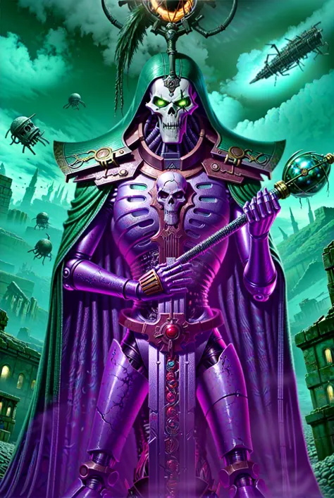 necrons, glowing, armor, weapon, robot, mecha, green eyes, glowing eyes, science fiction, skull, staff, cape, horror_(theme), sk...