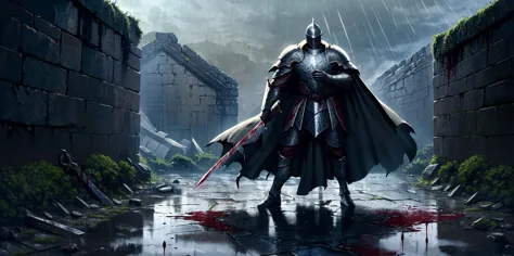 (extremely detailed, intricate details, highres), man, male, broad shoulders, knight in shiny armor, intricate armor, ornament, helmet, holding a sword, standing, heroic pose, cape, strong wind, ((covered in blood)), full body, medieval battlefield, stone walls, breach in a wall, rubble, debris, dead bodies, grey sky, heavy rain, downpour, dark clouds, wet, puddles, dirt, natural lighting, best shadow, imaginative, highly detailed