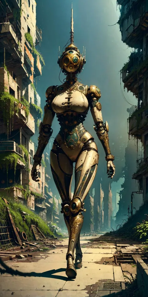 (extremely detailed, intricate details, highres), steampunk robot walking through destroyed city, tubes, cables, intricate ornam...