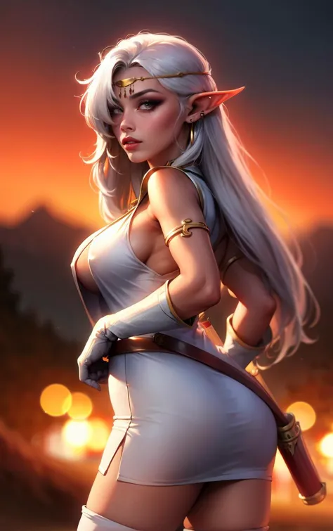 ((masterpiece, best quality)), insaneres, absurdres, solo, outdoors,
ANI_CLASSIC_pirotess_ownwaifu, www.ownwaifu.com,  
long hair, pointy ears, elf, dark skin, dark-skinned female, dark elf, breasts, white hair, circlet, large breasts, very long hair, yellow eyes, lips, armlet, long pointy ears, lipstick, makeup, bangs, nose, earrings, toned, silver hair, hair over one eye, forehead jewel, necklace, 
cleavage, white gloves, thighhighs, white legwear, armor, elbow gloves, no bra, breasts apart, belt, center opening, open clothes, short dress, white thighhighs,  white dress, thighs, 
narrow waist, sheathed, 
(contrapposto, looking back)lens flare, depth of field, bokeh, embers, vanishing point, looking at viewer,