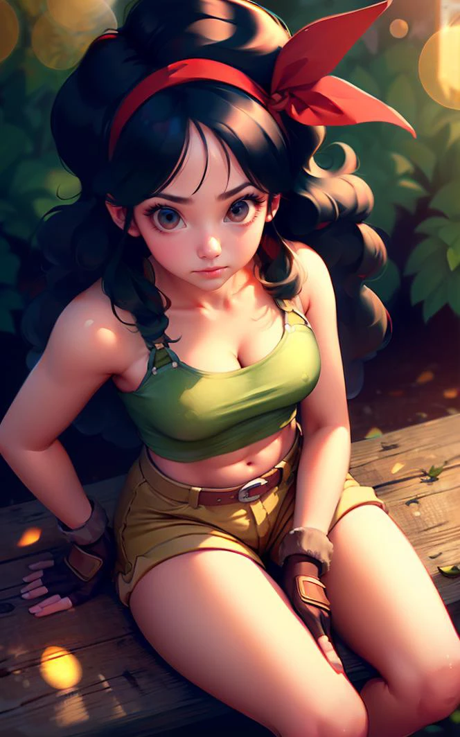 ((masterpiece, best quality)), insaneres, absurdres, solo, looking at viewer,
BlackHair_GoodLaunch_ownwaifu,
1girl, long hair, blue hair, curly hair, hair ribbon, black eyes, medium breasts, red hairband, eyelashes, bangs, 
green shirt,  crop top, midriff, fingerless gloves, cleavage, bare shoulders, navel, short shorts, collarbone, yellow shorts, tank top, belt, brown gloves, 
 outdoors, lens flare, depth of field, bokeh, vanishing point,
(from above, sitting)