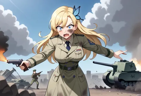 score_9, score_8_up, score_7_up, score_6_up,source_anime, BREAK, Sena, 1girl, butterfly hair ornament, blonde hair, long hair, dirty face, dirt on face, dirty clothes, world war ii, holding gun, holding gun, destruction, smoke, firing, bullet trail, trench, war in background, smoke, smoky, grey, cloudy, sandbags, large breasts, shouting, fang, <lora:SenaKashiwazaki-XL-V3:1>