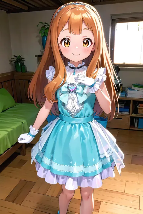 anime girl in a blue dress standing in a room