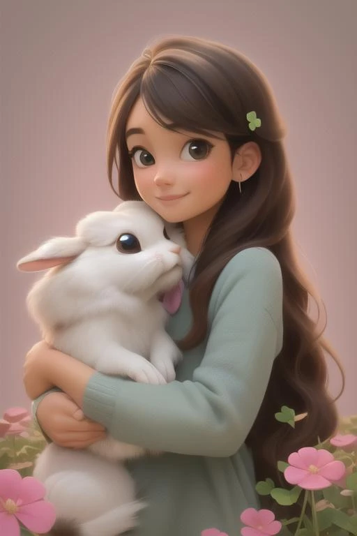 (masterpiece), (best quality), (extremely detailed), (1 girl), (pretty cute girl), smile, brown long hair, brown eyes, slender, extremely detailed eyes, alice the wonderland, pinky, hugging rabbit, inside clover garden, upper body, original, extremely detailed wallpaper, (parfect detail features), 16k, clover, 