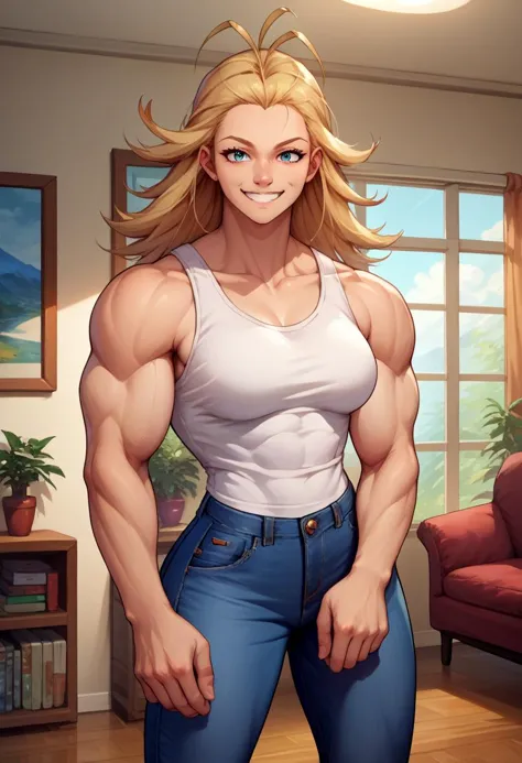 a cartoon picture of a woman with blonde hair and blue jeans