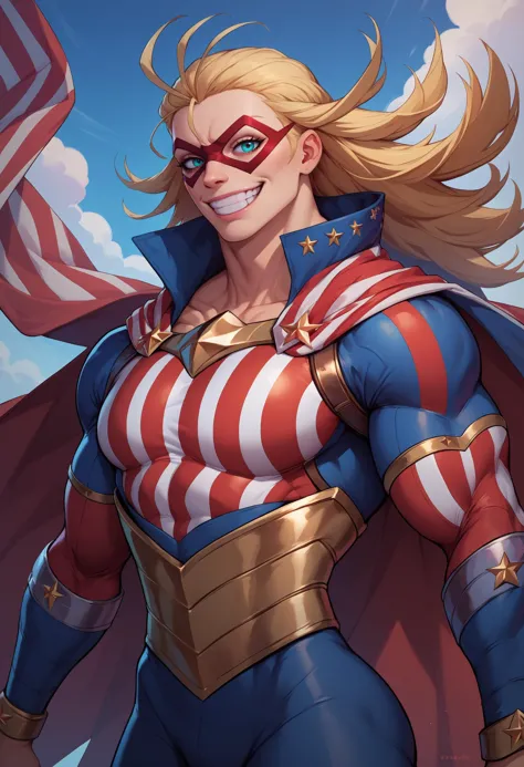 score_9, score_8_up, score_7_up, score_6_up,score_5_up,score_4_up, BREAK domino mask, american flag print, striped bodysuit, red cape,starandstripe, toned, antenna hair,grin <lora:mha_starandstripe_ponyXL:0.8>