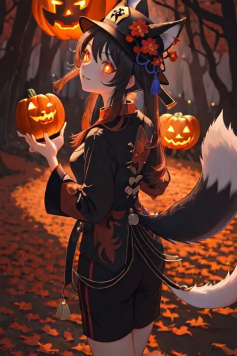 a girl in a witch costume holding two pumpkins in her hands