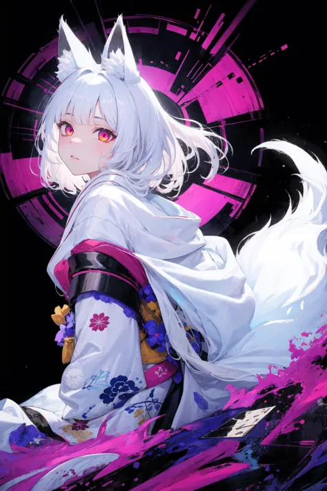 (abstract art:1.3),(psychedelic,futuristic:1.2),masterpiece, highly detailed 8k cg, best cinematic quality, volumetric lighting and shadows,perfect reflection,
(white theme:1.2), (fox theme:1.2),
(white long hair, 1girl,perfect white fox ears,garnet eyes, glowing body,kimono, :1.33),
(white:0.6,black:0.3,purple:0.1),
ultra high res,  <lora:TailsFixer:0.6> IncrsTailsFixer, fox tail, <lora:blacklight:0.3> blacklight, <lora:acid_fluid_lora:0.4>