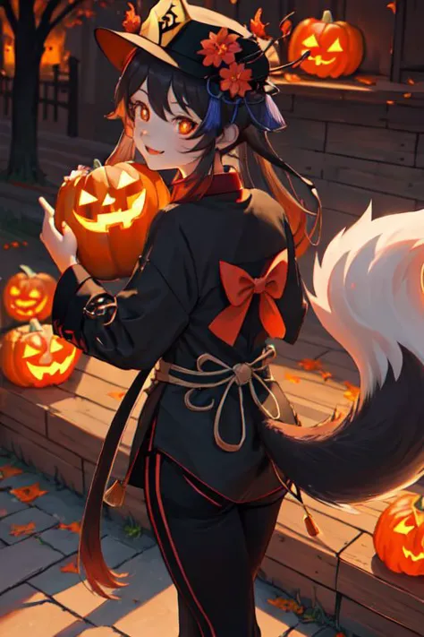 hutaodef, with her fiery personality, in a spooky kitsune costume, complete with a devilish tail, IncrsTailsFixer, (kitsunemimi:1.2), ((black) fox tail:1.4), fox ears, (tail on back:1.2), from behind, holds Pumpkin Candy Jar, Candy and treats, scene illuminated by soft glow of jack-o'-lanterns, eerie shadows, One leg lifted, Halloween style, little ghost, Fire lanterns, (Inclined forward:1.3),