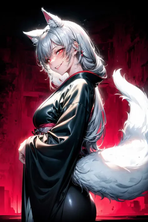 anime girl with white hair and black outfit posing in front of a red background