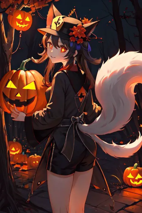 a girl in a witch costume holding a pumpkin in her hand