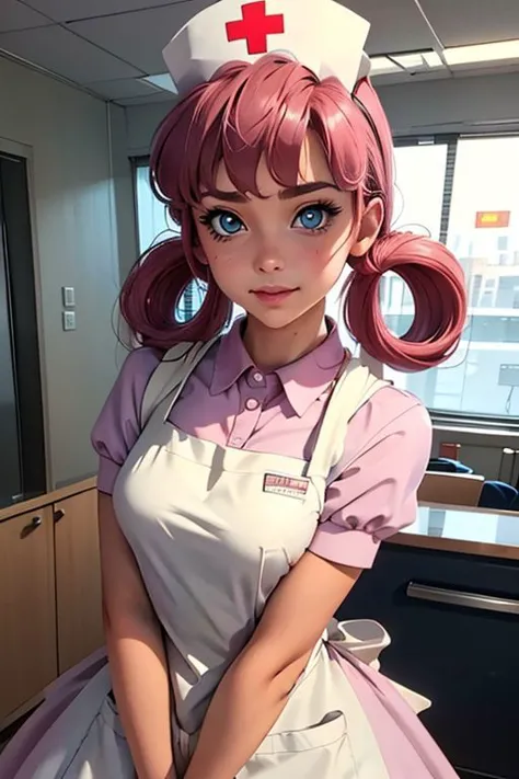 anime character dressed in nurse uniform posing for photo in office