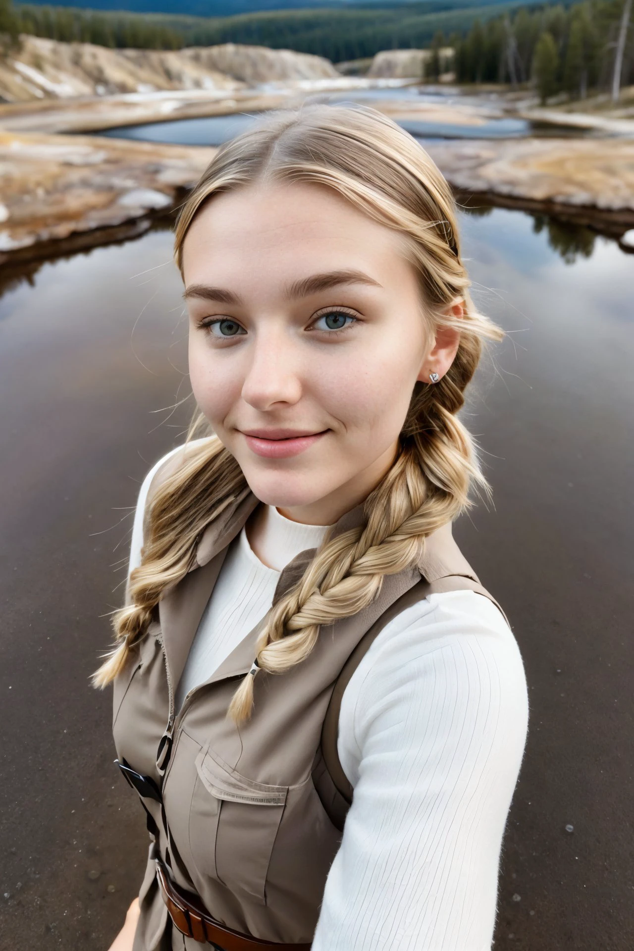 (from above, closeup on face:1.2) photo of JadeLloyd, she is wearing vest , she is wearing sam browne belt, her hair is styled as fishtail halo braid, BREAK she is (in yellowstone national park:1.1), soft diffused lighting, shot on Aaton LTR, Agfa Vista ,50mm ,