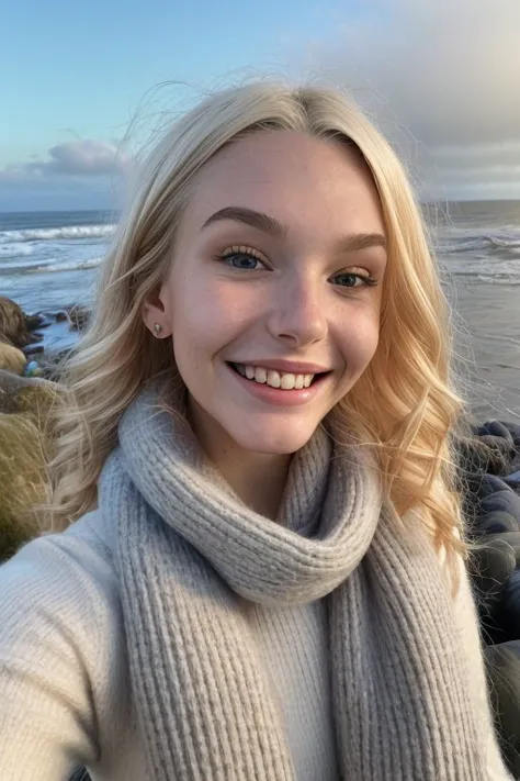 a woman standing on a beach with a scarf around her neck